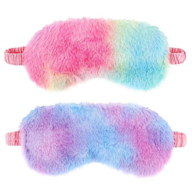 2 Pack Plush Sleeping Eye Mask Soft Plush Eye Mask Fuffy Eye Cover Comfortable Sleep Mask Blindfold Rainbow Faux Fur Eye Shade for Women Men and Kids Travel Nap Sleeping 565488_2_3pL1H9vJ3