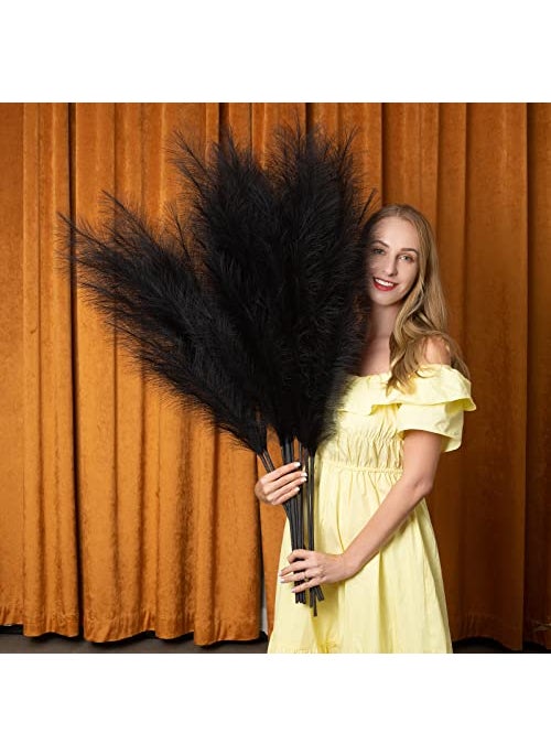 EVODIS Faux Pampas Grass 6 Stems Artificial Pampas Grass  43 inch Total Extra Large Pompass Grass Tall Pompous Boho Flower Arrangement and Floor Vase Filler Home Decor for Room Wedding Party Black 