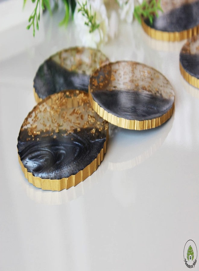 Monstera Hut ® Round Smokey Gray Transy Resin Coaster|(10 cm) | 4 Inch |Set of 6 | Resin Coaster for Tea, Coffee Table & Dining Table with Metal Holder - Image 3