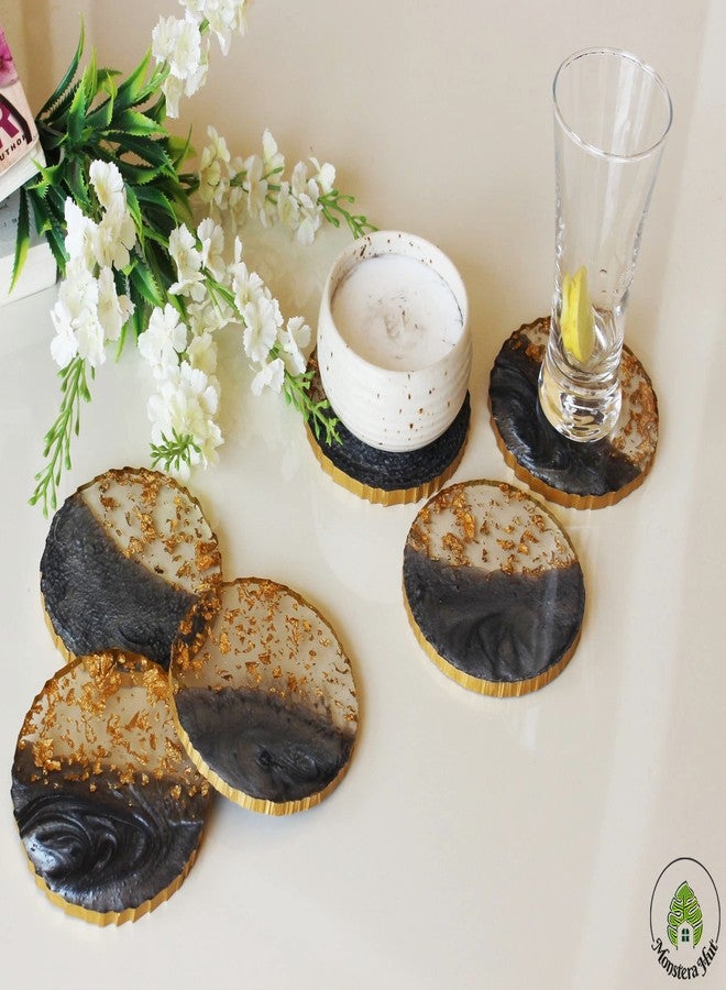 Monstera Hut ® Round Smokey Gray Transy Resin Coaster|(10 cm) | 4 Inch |Set of 6 | Resin Coaster for Tea, Coffee Table & Dining Table with Metal Holder - Image 2