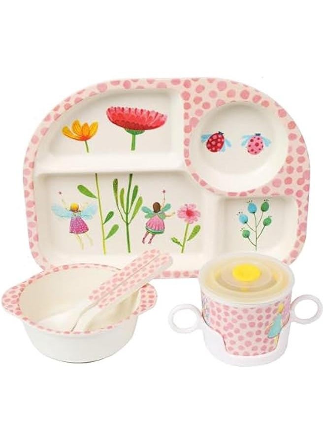 HOOKOR 5Pcs/Set Bamboo Kids Dinnerware Set - Children Dishes - Food Plate Bowl Cup Spoon Fork Set Dishware, Cartoon Tableware, Dishwasher Safe Kids Healthy Mealtime, BPA Free (Flower)  - Image 1