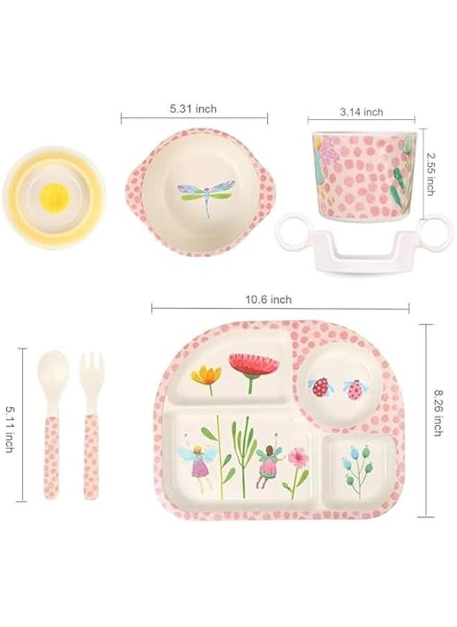 HOOKOR 5Pcs/Set Bamboo Kids Dinnerware Set - Children Dishes - Food Plate Bowl Cup Spoon Fork Set Dishware, Cartoon Tableware, Dishwasher Safe Kids Healthy Mealtime, BPA Free (Flower)  - Image 2