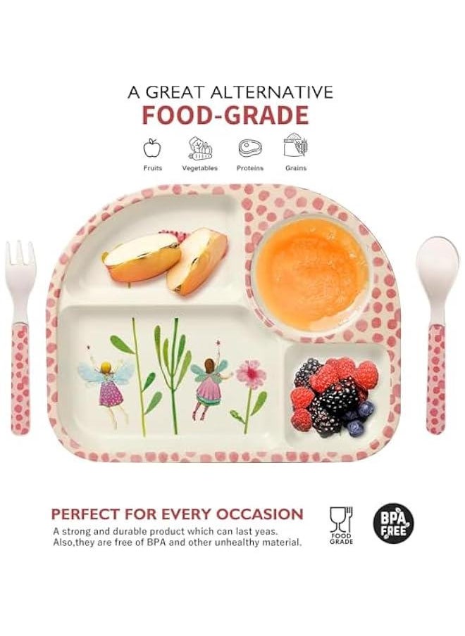 HOOKOR 5Pcs/Set Bamboo Kids Dinnerware Set - Children Dishes - Food Plate Bowl Cup Spoon Fork Set Dishware, Cartoon Tableware, Dishwasher Safe Kids Healthy Mealtime, BPA Free (Flower)  - Image 3