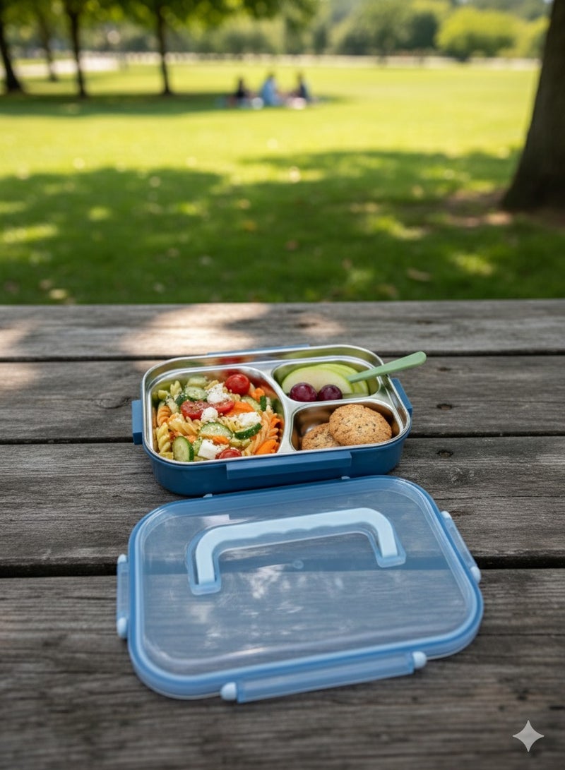 Toshionics 3-Compartment Stainless Steel Lunch Box with Spoon and Handle, Leakproof Bento Food Container with Removable Tray, BPA-Free, Microwave & Dishwasher Safe – 1.5L, for School, Office, Travel, Gym - Image 1