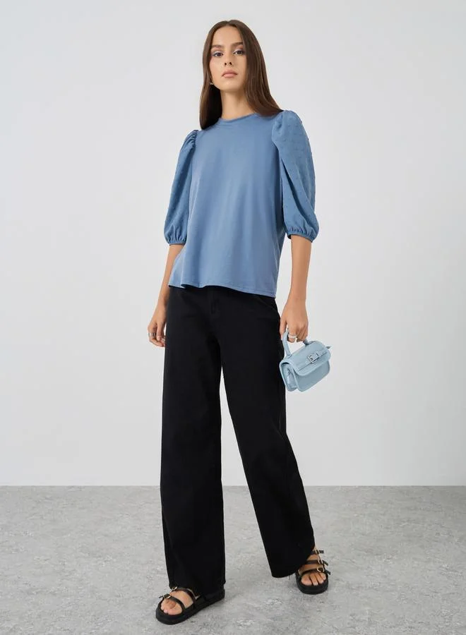 تايك تو Take Two Solid Balloon Sleeve Round Neck Top