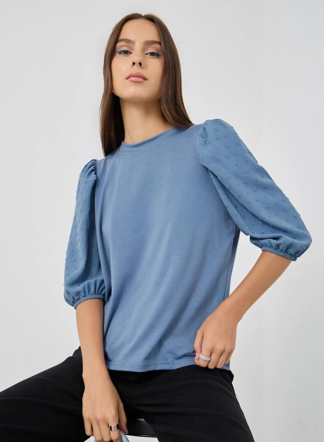 تايك تو Take Two Solid Balloon Sleeve Round Neck Top