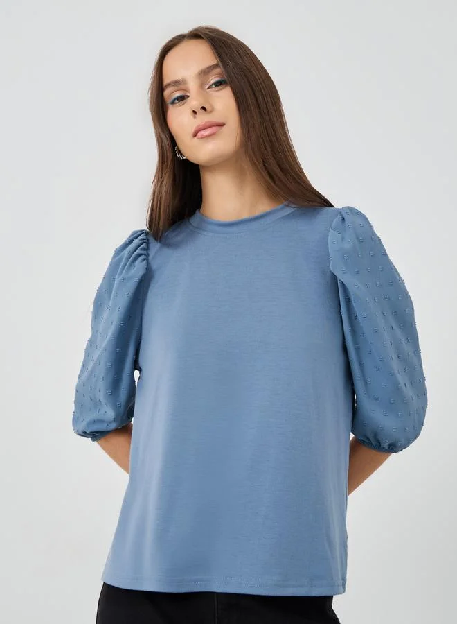 تايك تو بلوزة بأكمام بالون سادة بياقة مستديرة