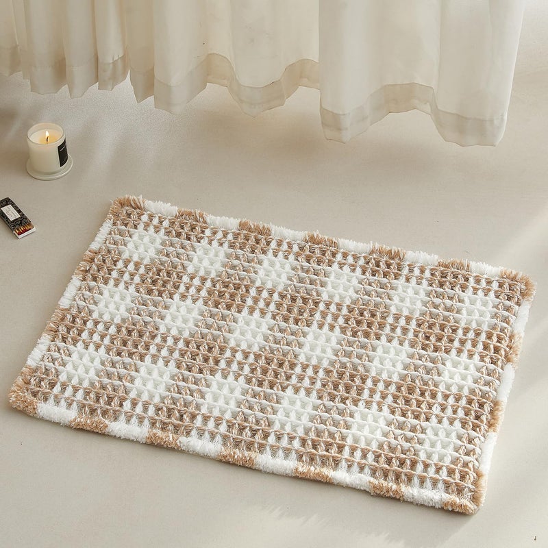 TYUU Waffle Runner Rug Bathroom, Long Boho Bathroom Rugs Non Slip Washable Absorbent Checkered Bathroom Mat Quick Dry Farmhouse Bath Mat, 72"x24" Khaki and White - Image 1