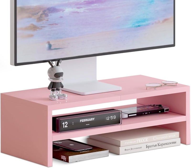 TEAMIX 2 Tiers Pink Monitor Stand Riser, Desktop Stand with Keyboard Storage Small TV Stand Laptop Wooden Desk Organizer Cute Shelf (Pink, 2 Tiers) - Image 1