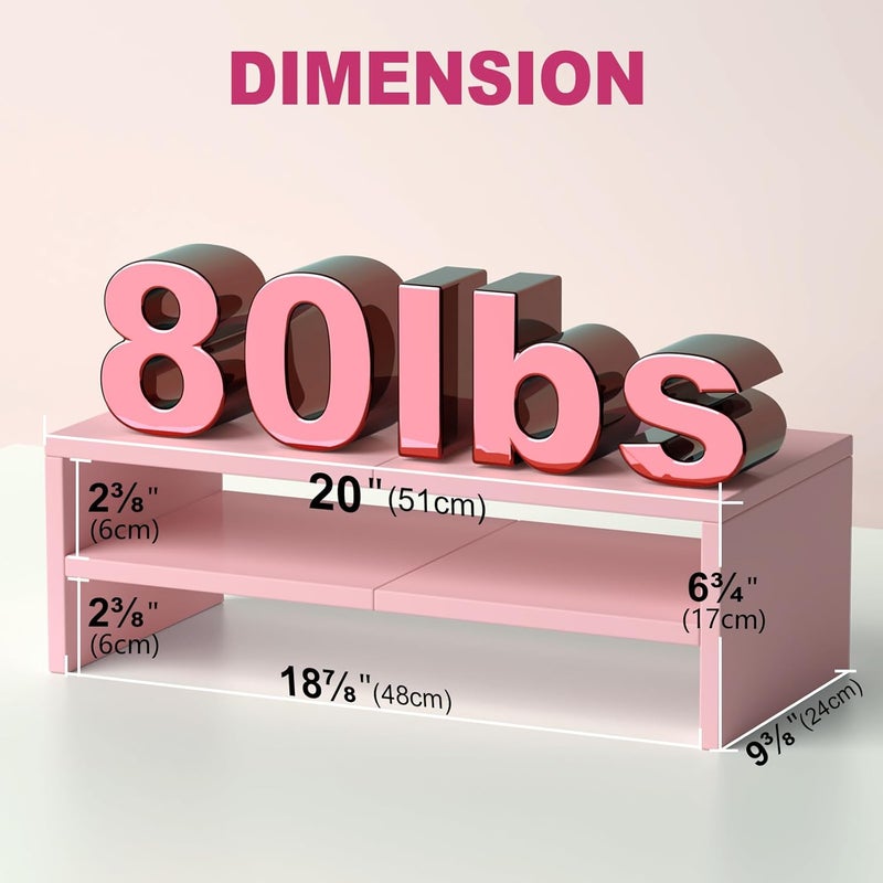 TEAMIX 2 Tiers Pink Monitor Stand Riser, Desktop Stand with Keyboard Storage Small TV Stand Laptop Wooden Desk Organizer Cute Shelf (Pink, 2 Tiers) - Image 3