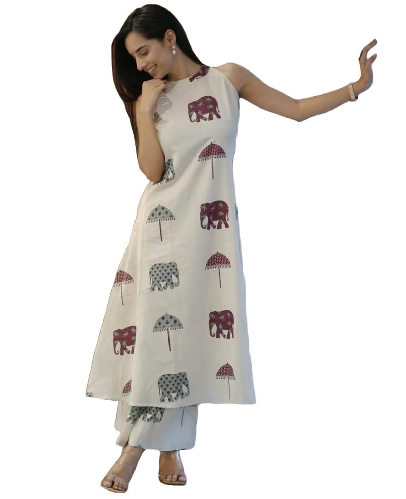 ANNI DESIGNER Women's Rayon Viscose A-Line Printed Kurta with Palazzo (SURAI White_L_White_Large) - Image 1