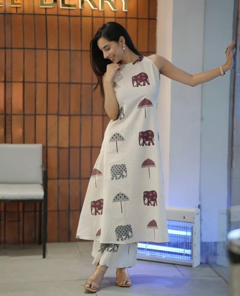 ANNI DESIGNER Women's Rayon Viscose A-Line Printed Kurta with Palazzo (SURAI White_L_White_Large) - Image 5