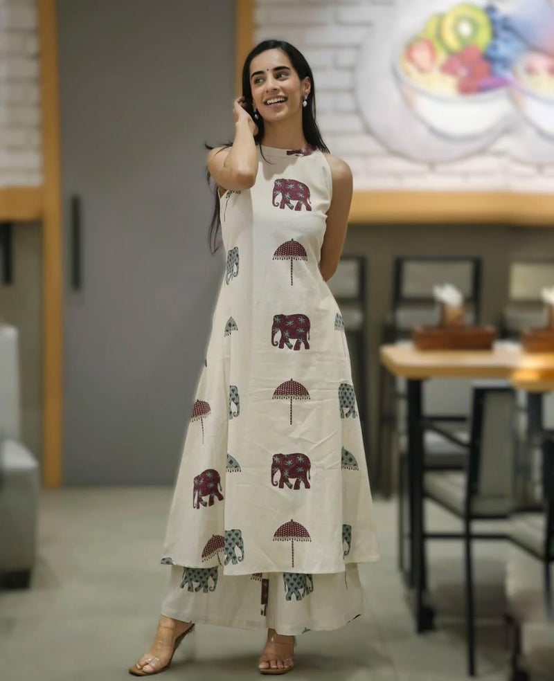 ANNI DESIGNER Women's Rayon Viscose A-Line Printed Kurta with Palazzo (SURAI White_L_White_Large) - Image 3