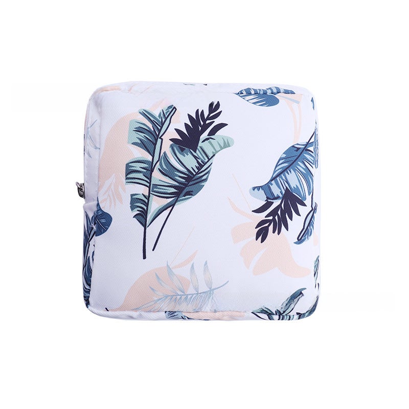 Cute Sanitary Pad Storage Bag Portable Waterproof White leaves 