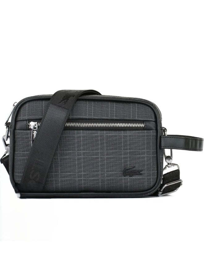 Lacoste Black Shoulder Crossbody Handbag for Men – Stylish Leather Travel Messenger Bag, Lightweight Everyday Sling Bag