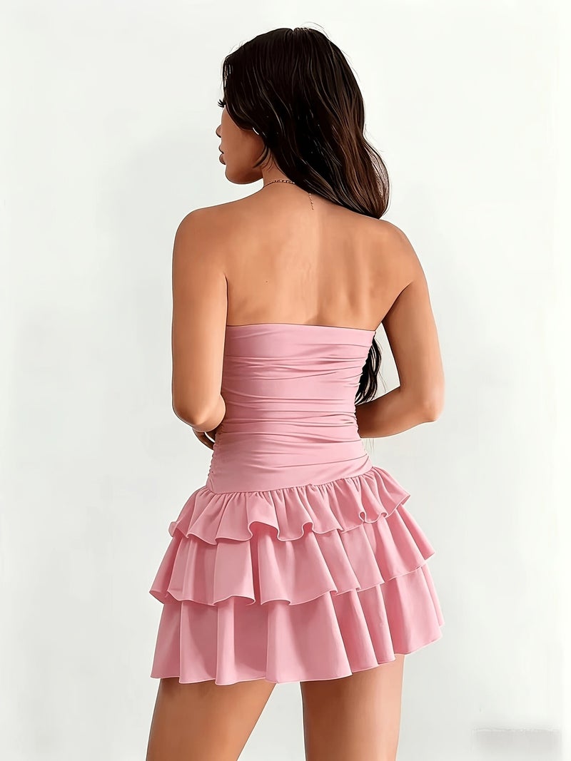 ZJ02250319 Women's Summer Cute and Sexy Tube Top Cake Skirt Ruffle Mini Dress - Image 4