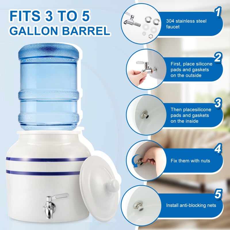 FillTouch Ceramic Water Dispenser Crock Water Dispenser with 304 Stainless Steel Faucet, Valve and Lid for 3 to 5 Gallon Jugs Porcelain Cooler for Home Office Indoor Outdoor Party Use (White) - Image 4