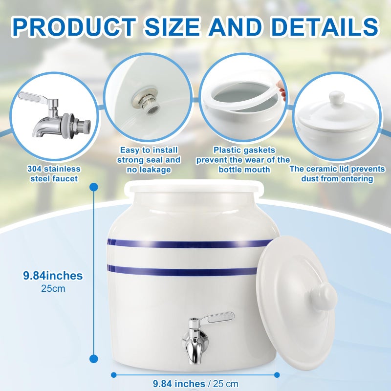 FillTouch Ceramic Water Dispenser Crock Water Dispenser with 304 Stainless Steel Faucet, Valve and Lid for 3 to 5 Gallon Jugs Porcelain Cooler for Home Office Indoor Outdoor Party Use (White) - Image 2