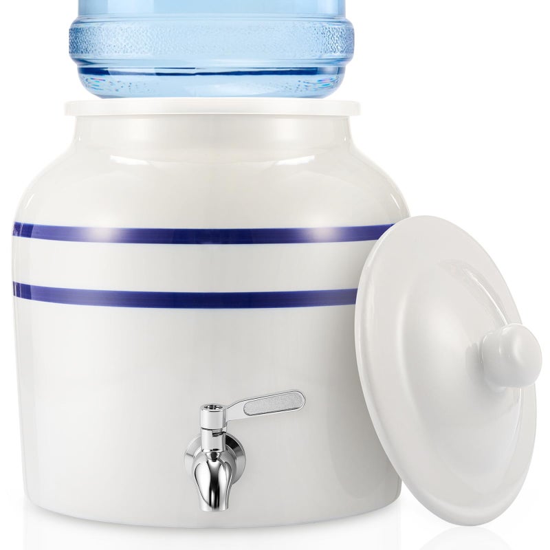 FillTouch Ceramic Water Dispenser Crock Water Dispenser with 304 Stainless Steel Faucet, Valve and Lid for 3 to 5 Gallon Jugs Porcelain Cooler for Home Office Indoor Outdoor Party Use (White) - Image 1