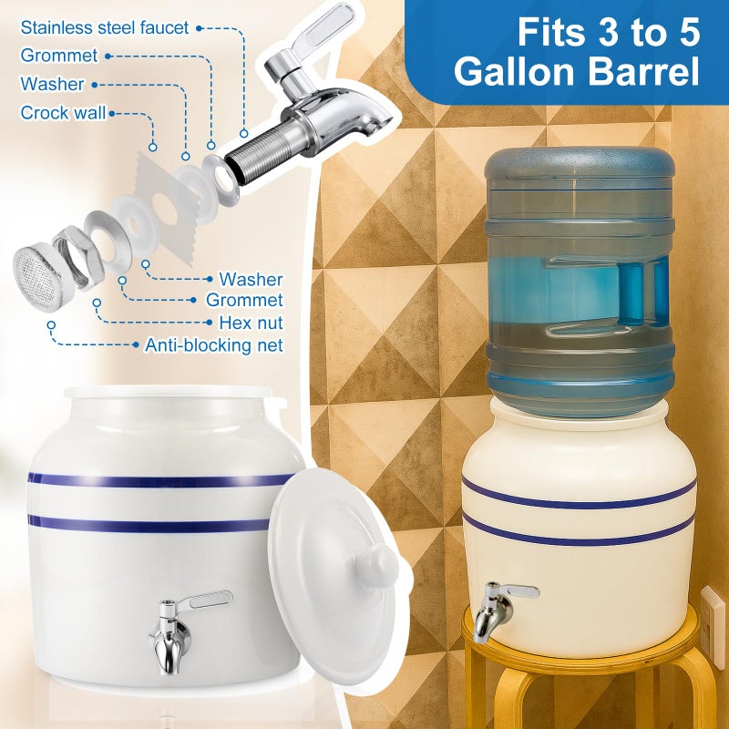 FillTouch Ceramic Water Dispenser Crock Water Dispenser with 304 Stainless Steel Faucet, Valve and Lid for 3 to 5 Gallon Jugs Porcelain Cooler for Home Office Indoor Outdoor Party Use (White) - Image 3