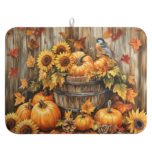 Farg Fall Pumpkin Dish Drying Mat Autumn Maple Leaves Thanksgiving Large Kitchen Mats Dish Drying Pad Absorbent Dish Dryer Mat for Kitchen Countertops Microfiber Drainer Pad Dish Drying Mats 18x24 in - Image 1