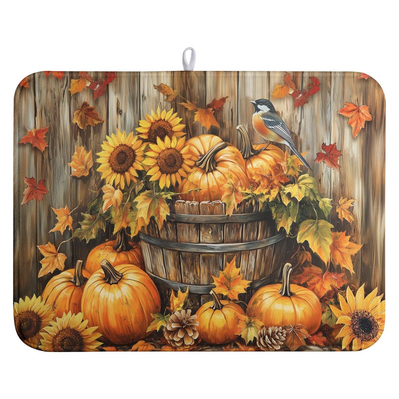 Farg Fall Pumpkin Dish Drying Mat Autumn Maple Leaves Thanksgiving Large Kitchen Mats Dish Drying Pad Absorbent Dish Dryer Mat for Kitchen Countertops Microfiber Drainer Pad Dish Drying Mats 18x24 in - Image 2