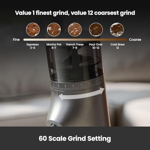 Gemilai Electric Conical Burr Coffee Grinder, Coffee Bean Grinder with Smart 60S Timer, 60 Precise Adjustable Grind Settings for Espresso, 2-12 Cup, Easy to Clean, Durable & Quiet, G9010B Grey - Image 5
