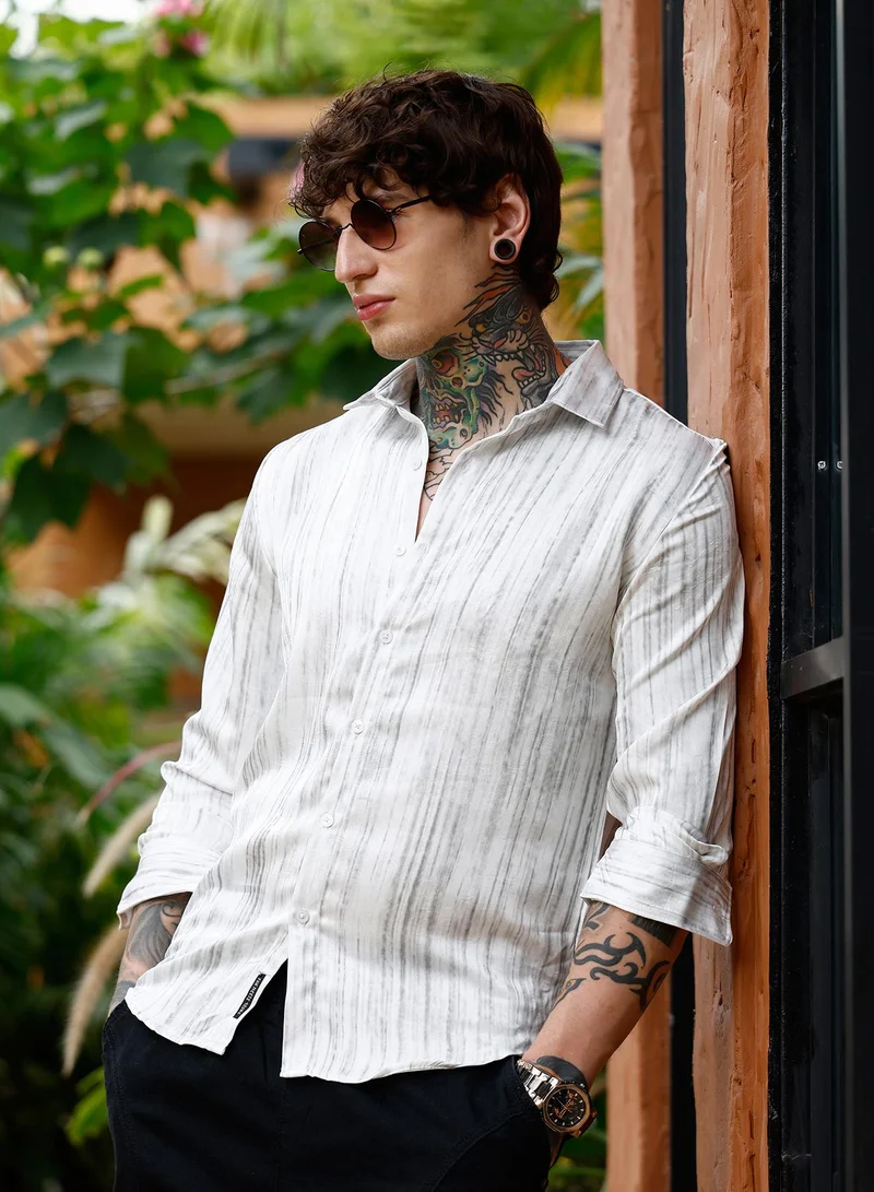 كامبوس سوترا Campus Sutra Men Grazed-Textured Shirt | Spread Collar Long Cuffed Sleeves | Button Closure Curved Hem | Abstract-Print Creased | Woven Fabric For Casual & Daily Wear | Cream White
