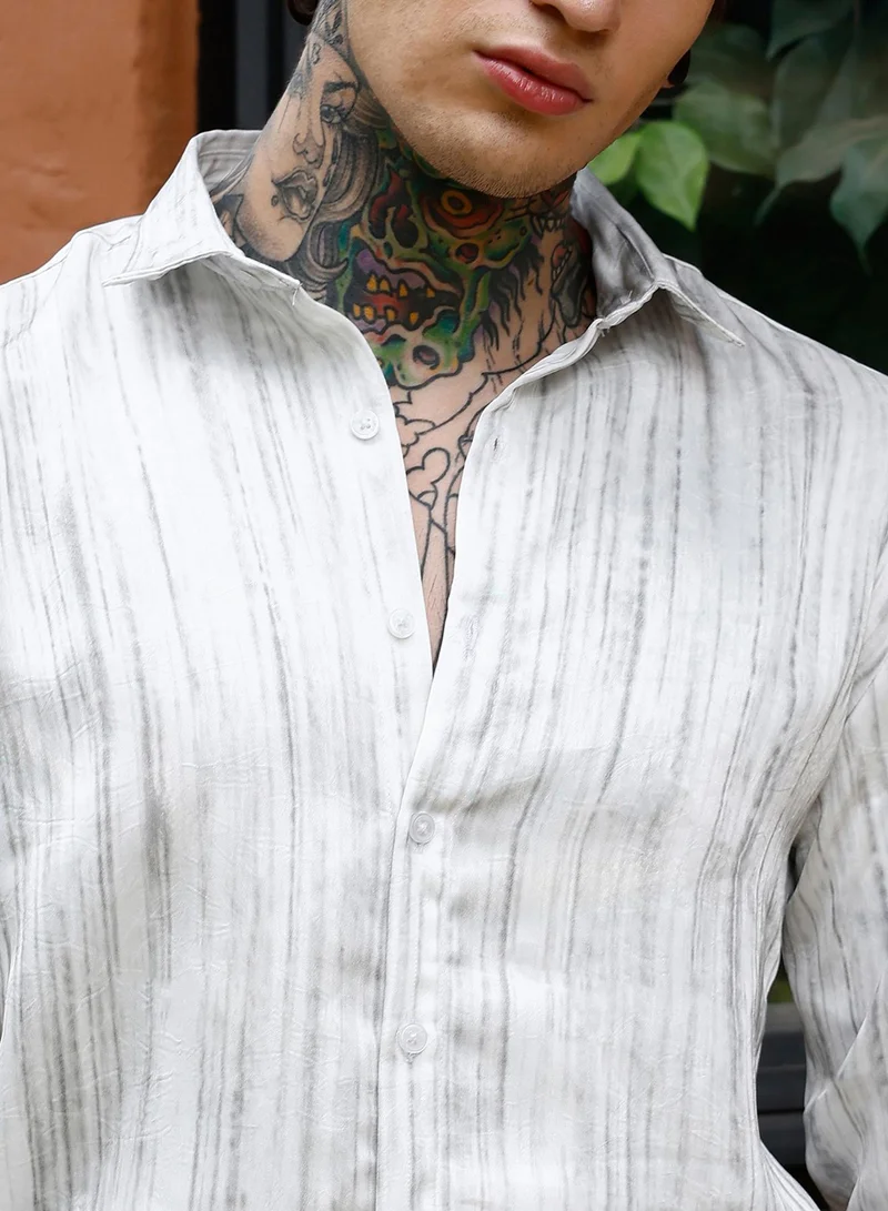 Campus Sutra Campus Sutra Men Grazed-Textured Shirt | Spread Collar Long Cuffed Sleeves | Button Closure Curved Hem | Abstract-Print Creased | Woven Fabric For Casual & Daily Wear | Cream White