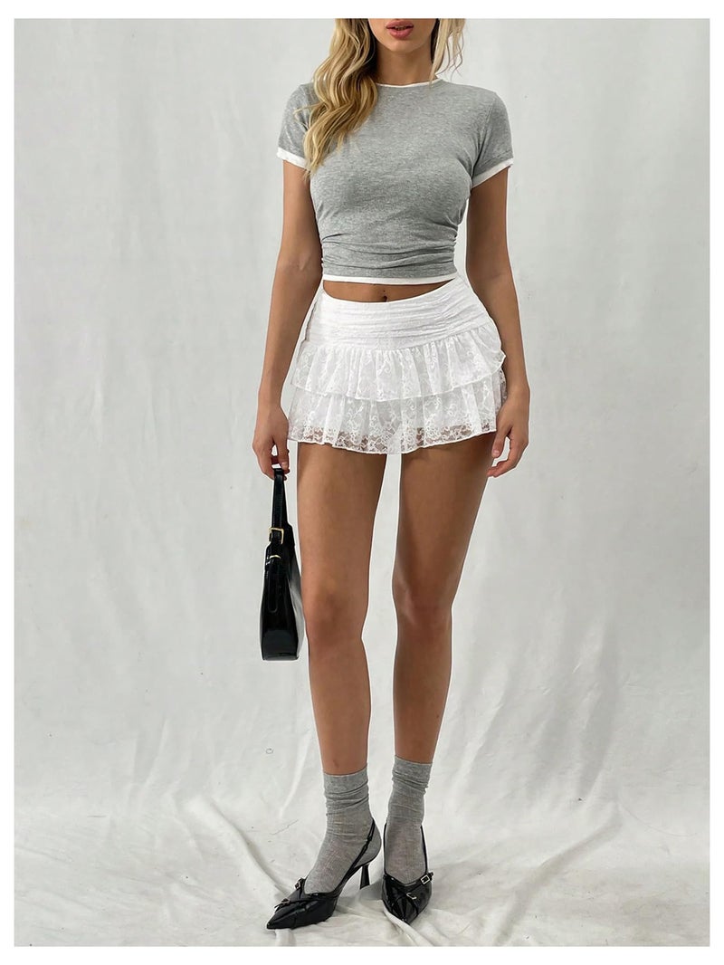 SHENHE Women's Y2K Lace Mini Skirt with Shorts A Line Hight Waisted Ruffle Skirt Skort White Large - Image 5