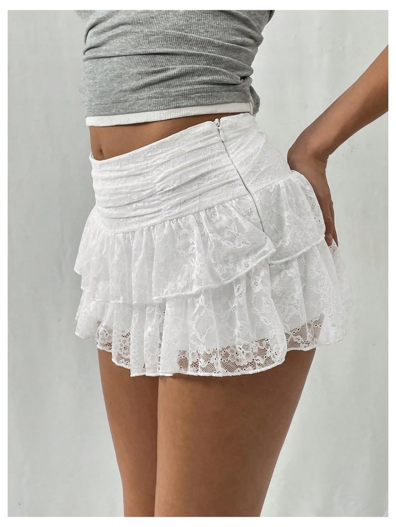 SHENHE Women's Y2K Lace Mini Skirt with Shorts A Line Hight Waisted Ruffle Skirt Skort White Large - Image 4