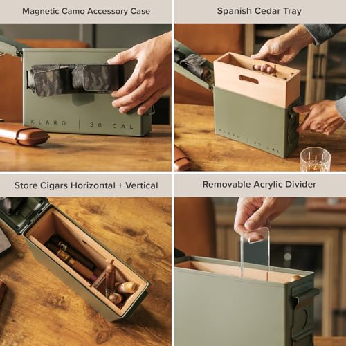 CASE ELEGANCE - The Smoke Can 30CAL Humidor, Thick Metal Ammo Box, Spanish Cedar Shelves, Army Green Finish, Magnetic Accessory Case - Holds 15-30 Cigars - Image 3