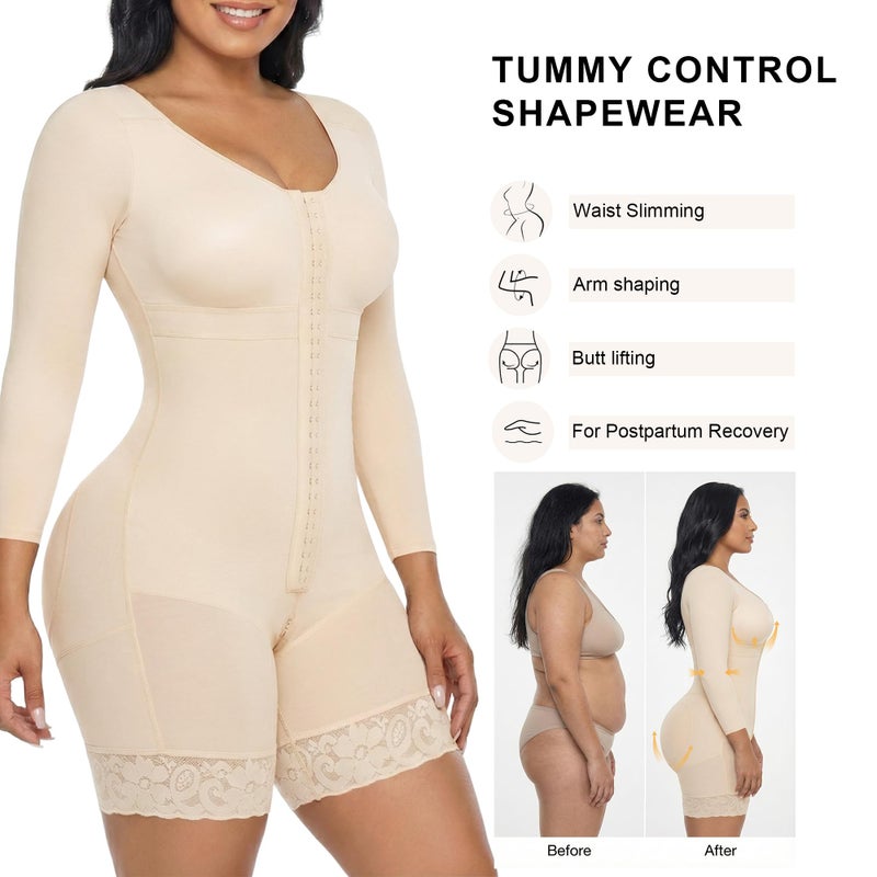 SHAPERX Women's Fajas Colombianas Shapewear Postpartum Tummy Control Arm Slimming Full Body Shaper with Zipper Crotch, SZ7503-Beige-S - Image 5