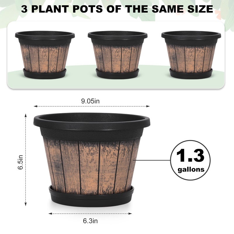 Quarut Plant Pots Set of 3 Pack 9 inch,Whiskey Barrel Planters with Drainage Holes & Saucer.Plastic Decor Flower Pots Imitation Wine Barrel Design,for Indoor & Outdoor Garden Home Plants (Brown) - Image 2