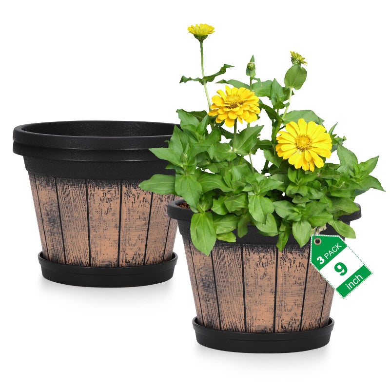Quarut Plant Pots Set of 3 Pack 9 inch,Whiskey Barrel Planters with Drainage Holes & Saucer.Plastic Decor Flower Pots Imitation Wine Barrel Design,for Indoor & Outdoor Garden Home Plants (Brown) - Image 1