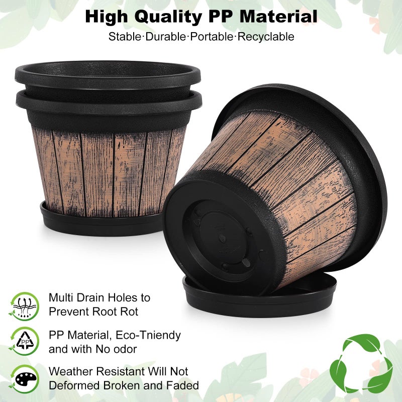 Quarut Plant Pots Set of 3 Pack 9 inch,Whiskey Barrel Planters with Drainage Holes & Saucer.Plastic Decor Flower Pots Imitation Wine Barrel Design,for Indoor & Outdoor Garden Home Plants (Brown) - Image 3