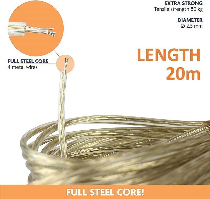 Dropware 20 Meter PVC Coated Steel Anti-Rust Wire Rope for Drying Clothes/Clothesline with 2 Plastic Hooks (Multicolor) – Pack of 2 - Image 2