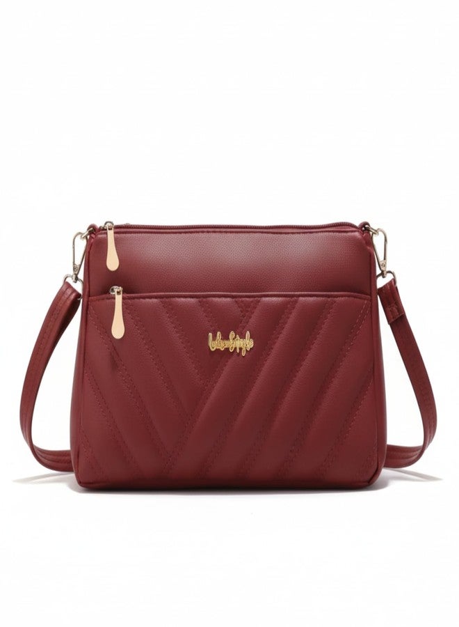 LIKE STYLE Women’s Handbag | Elegant Quilted Sling Bag with Detachable Strap & Secure Compartments (Maroon) - Image 1