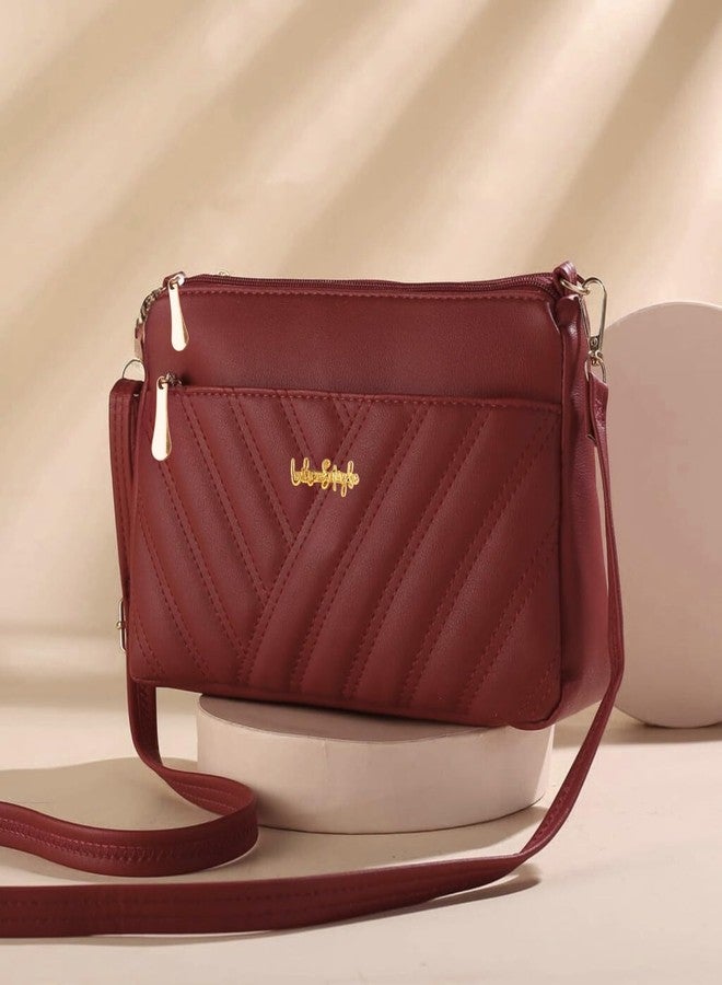 LIKE STYLE Women’s Handbag | Elegant Quilted Sling Bag with Detachable Strap & Secure Compartments (Maroon) - Image 4