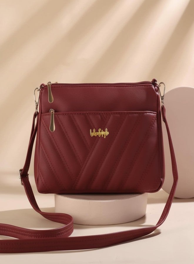 LIKE STYLE Women’s Handbag | Elegant Quilted Sling Bag with Detachable Strap & Secure Compartments (Maroon) - Image 3