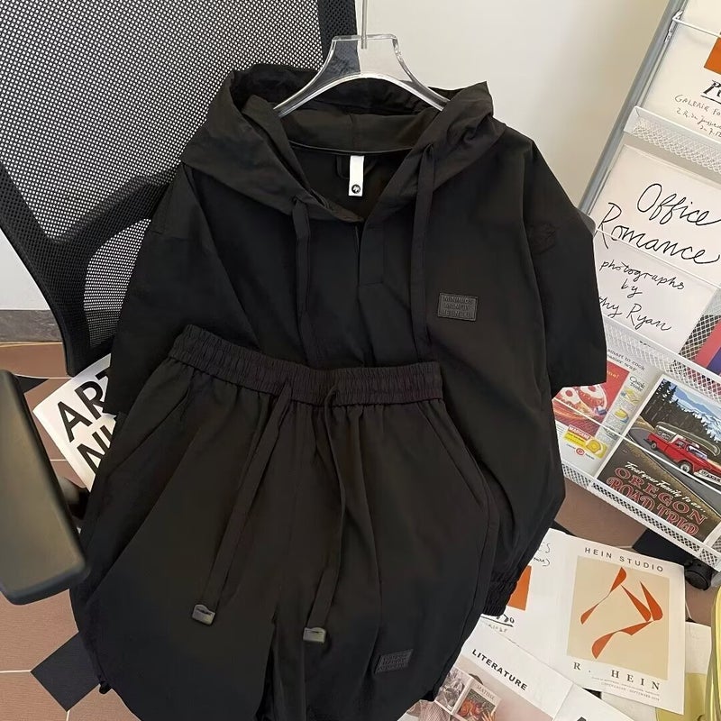 Generic Summer Lightweight Breathable Sunscreen Hooded Short-sleeved Shorts Two-piece Set Mens Fashionable Simple Solid Color Loose Casual suit Black 