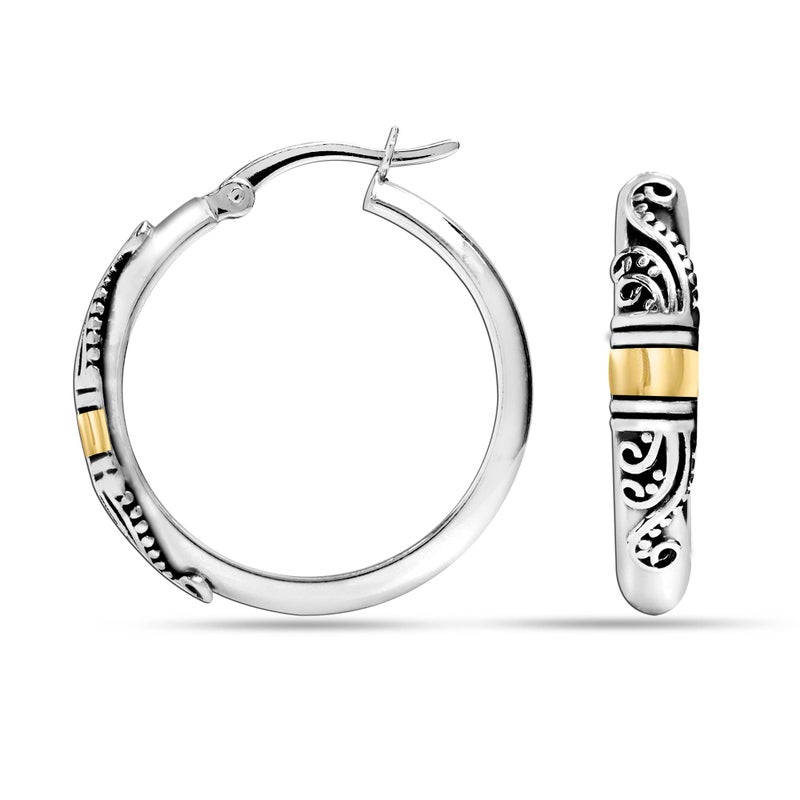 LeCalla 925 Sterling Silver Hoop Earrings Lightweight Two-Tone Round Shape Antique Italian Bali Style for Women - 25MM - Image 3