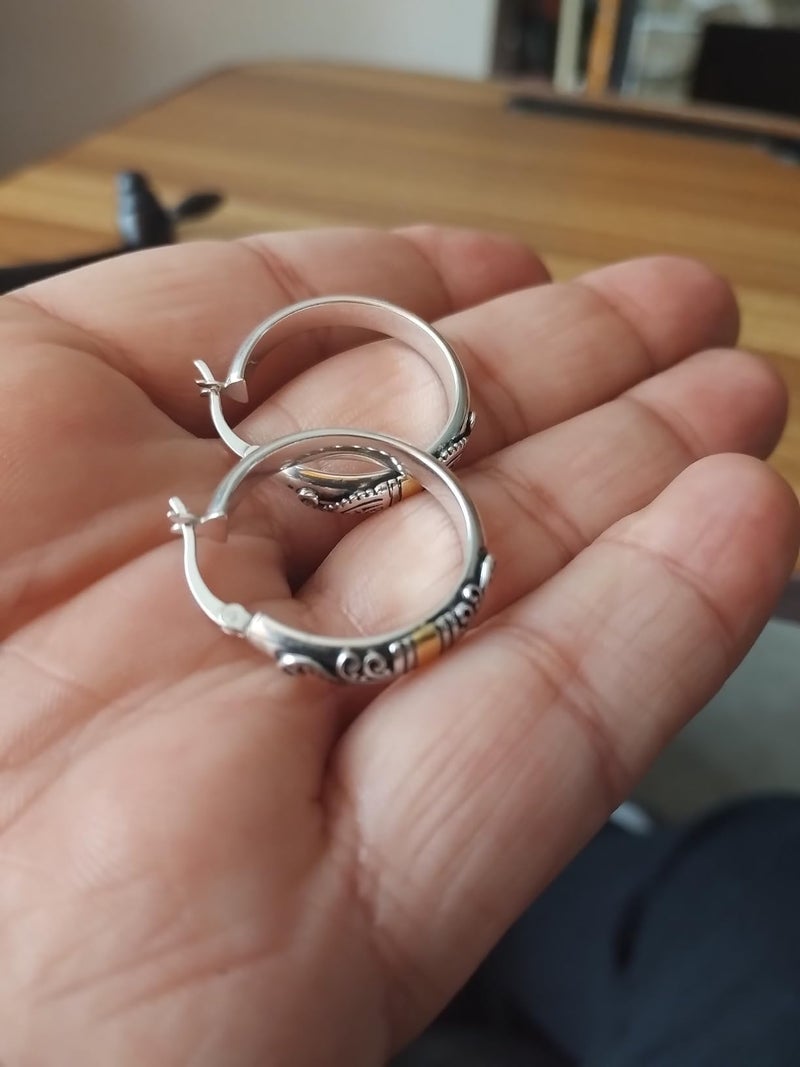 LeCalla 925 Sterling Silver Hoop Earrings Lightweight Two-Tone Round Shape Antique Italian Bali Style for Women - 25MM - Image 4