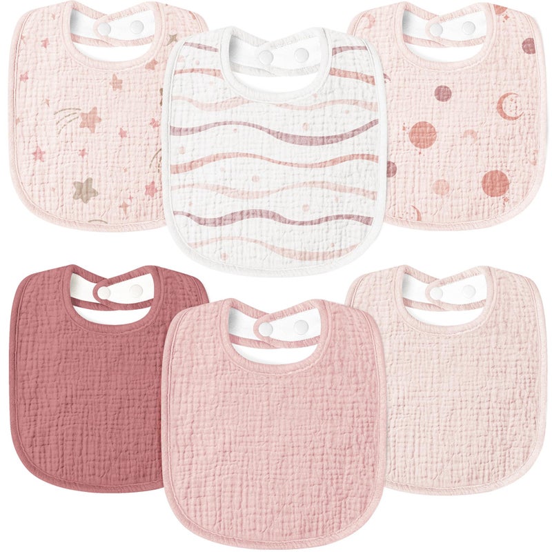 Susurration Muslin Baby Bibs 6 Pack Bandana Drool Bibs,Soft Square Adjustable Baby Drooling Bibs for Unisex Girls & Boys(pinkprint), Pink, One Size - Image 1