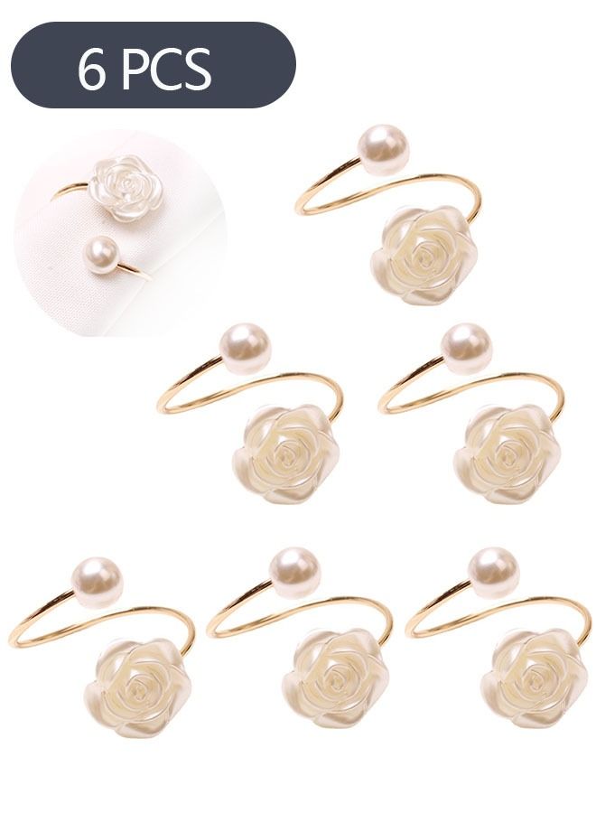 Ant 6 Piece Napkin Rings, White Rose Pearl Dining Table Ring Holder, Vintage Paper Towel Rings for Wedding Banquet Home Decorations  - Image 1