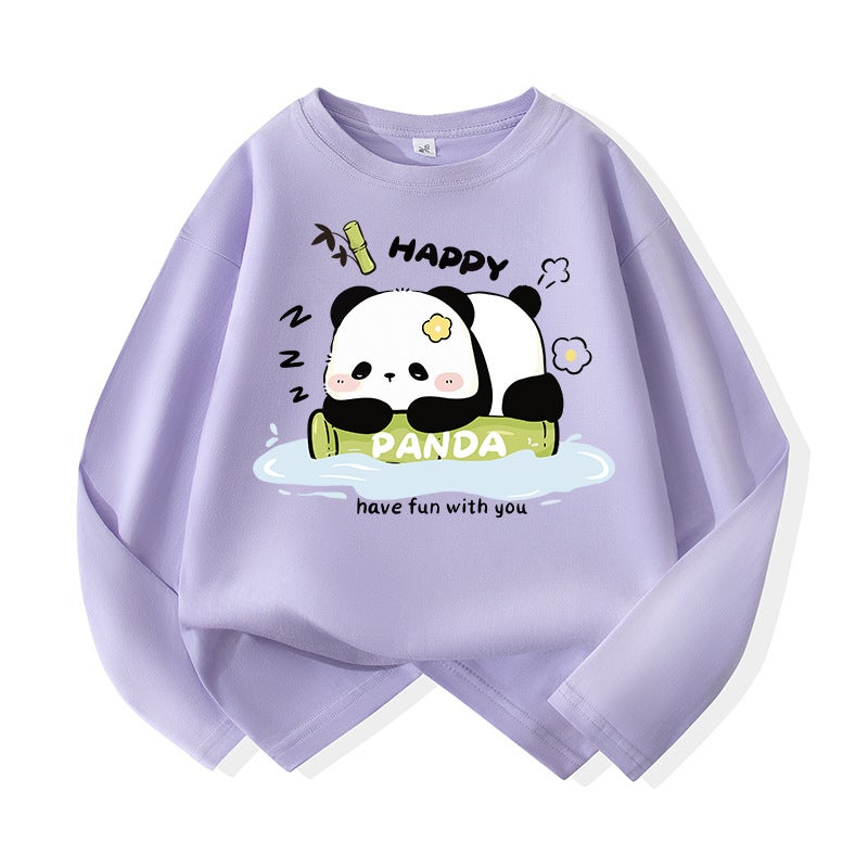 Trendy Brand Girls' Long-Sleeved T-Shirt Pure Cotton New Children'S Cartoon Panda Top Fashionable Stylish Base Shirt - Image 1