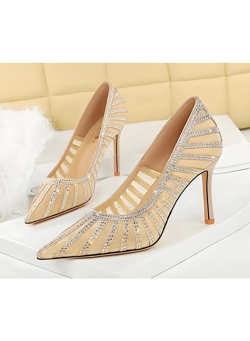 بيج تري المرأة مغلقة أشارت إصبع القدم الراينست شبكة الكعب العالي مضخات الذهب 9.5CM - Image 1