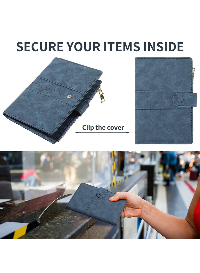 حامل جواز سفر وحامل بطاقات مجموعة، غلاف جواز سفر جلدي مع فتحات بطاقات وجيب بسحاب، حامل كتاب جواز السفر للنساء والرجال (أزرق) - Image 5