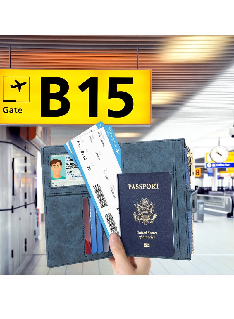 حامل جواز سفر وحامل بطاقات مجموعة، غلاف جواز سفر جلدي مع فتحات بطاقات وجيب بسحاب، حامل كتاب جواز السفر للنساء والرجال (أزرق) - Image 2