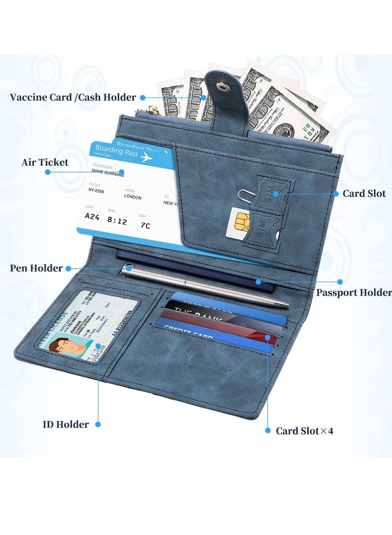 حامل جواز سفر وحامل بطاقات مجموعة، غلاف جواز سفر جلدي مع فتحات بطاقات وجيب بسحاب، حامل كتاب جواز السفر للنساء والرجال (أزرق) - Image 3